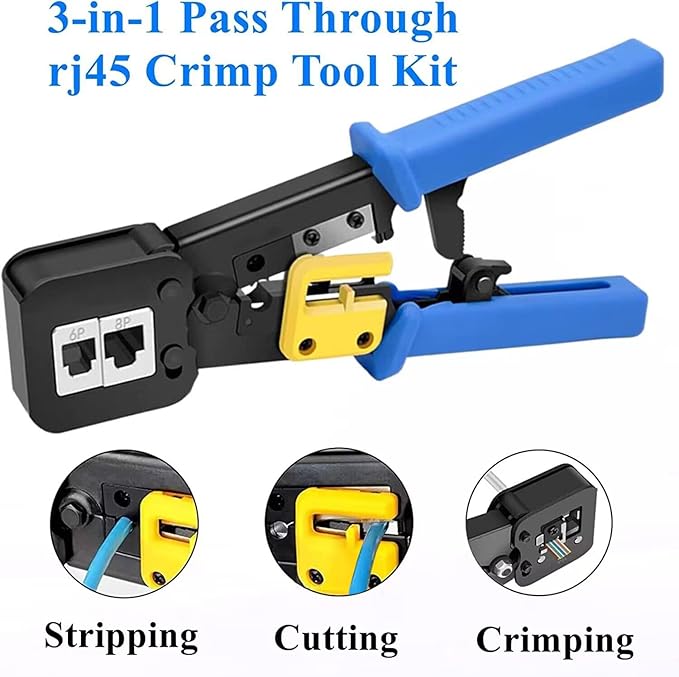 rj45 Crimping Tool for Cat6 Cat5e Cat5, Sturdy Crimper for rj45 rj12/11 Pass-Through Connectors with 50pcs rj45 Cat5e Pass-Through Connectors, 50pcs Covers, Wire Stripper; Network Cable Tester
