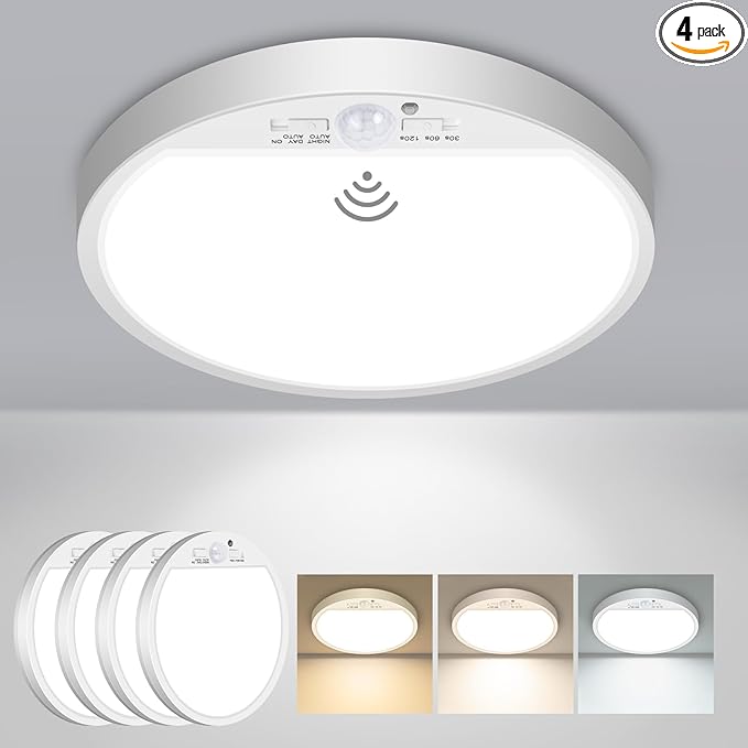 slochi 4Pack Motion Sensor Light Indoor Wired PIR, 3000K/4000K/6500K Closet Lights Motion Sensored, 15W 1500LM 7 in, Timer, Motion Activated Flush Mount Ceiling Light for Hallway Wall Pantry, White