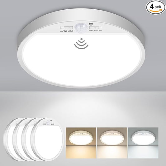 slochi 4Pack Motion Sensor Light Indoor Wired PIR, 3000K/4000K/6500K Closet Lights Motion Sensored, 15W 1500LM 7 in, Timer, Motion Activated Flush Mount Ceiling Light for Hallway Wall Pantry, White