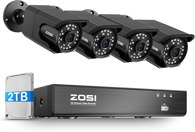 ZOSI 4K 8CH PoE Security Camera System (16CH Expandable), H.265+ 8CH NVR with 2TB HDD for 24/7 Record, 4 x 8MP PoE IP Cameras Outdoor Indoor, Human Detection, One-Way Audio, 100ft IR Night Vision