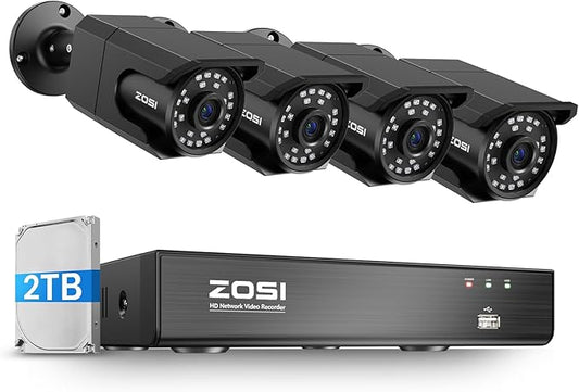 ZOSI 4K 8CH PoE Security Camera System (16CH Expandable), H.265+ 8CH NVR with 2TB HDD for 24/7 Record, 4 x 8MP PoE IP Cameras Outdoor Indoor, Human Detection, One-Way Audio, 100ft IR Night Vision