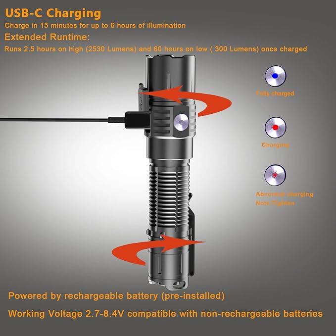 MX75 2530 Lumen LED Tactical Flashlight Law Enforcement, 390 Yards Beam Distance USB-C Rechargeable Pocket Flashlight with Battery