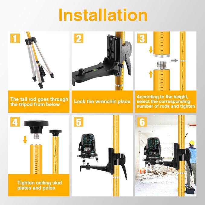 MOETER Telescoping Laser Level Pole with Tripod - 15.7ft/4.8M Laser Pole with Adjustable Bracket, 1/4"-20 & 5/8"-11 Thread Adapters for Rotary and Line Lasers