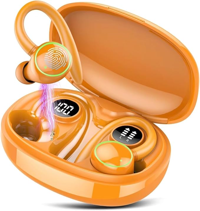 Wireless Earbuds, Bluetooth Ear Buds Sport, Stereo Deep Bass Over Ear Buds with Earhooks, in Ear Earphones with 4 ENC Noise Cancelling Mic, 48H LED Display Headphone for Running, IP7, Orange