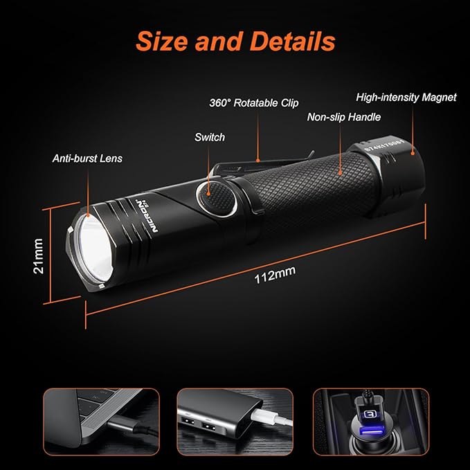 NICRON Flashlight, 700 Lumens 90 Degree Pocket Flashlight Rechargeable IP65 Waterproof 5 Modes for Camping, Outdoor, Hiking, Car Repairing