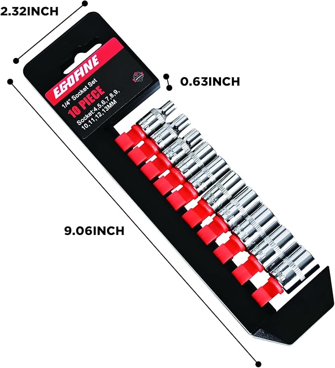 Egofine 10PCS 1/4” Drive Standard Socket Set,Shallow Socket Set,Metric（4-13mm,6 Point Socket With Hanging Bracket,Cr-V Steel