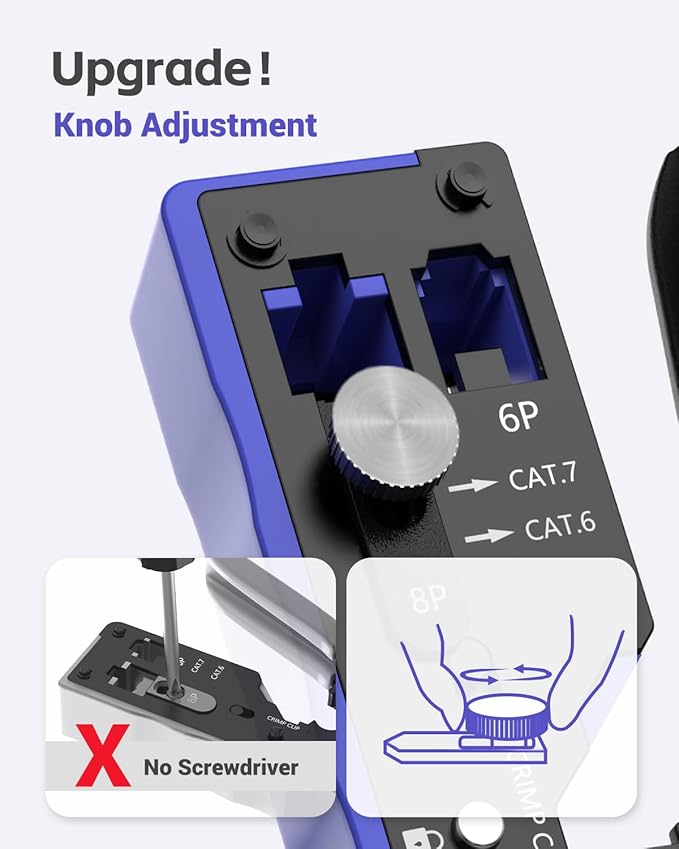 VCELINK RJ45 Crimp Tool, All-In-One Ethernet Crimper for CAT7/CAT6A/CAT6/CAT5E/CAT5, No Screwdriver Needed RJ45 and RJ11/RJ12 Crimping Tool with An Adjustable Knob