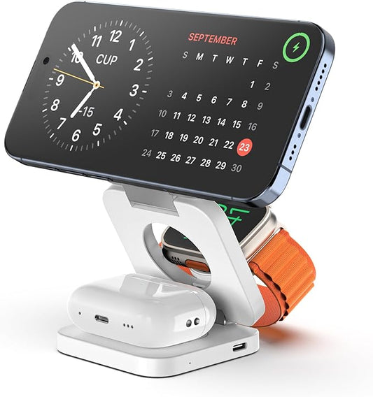 Fast Wireless Charger, Magnetic Foldable 3 in 1 Charging Station for iPhone 16/15/14/13/12/Pro/Plus/Pro Max, 5W Portable Charger for Apple Watch9/8/7/6/5/4/3/SE, for Airpods3/2/Pro-White