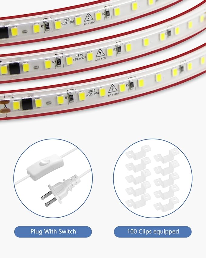 AC 110V-120V LED Strip Lights 100FT Outdoor Waterproof LED Rope Light for Outside Self-Adhesive 6000K Super Bright Cold White Plug in SMD 2835 120LED/M IP67 for Garden Patio Christmas Decor