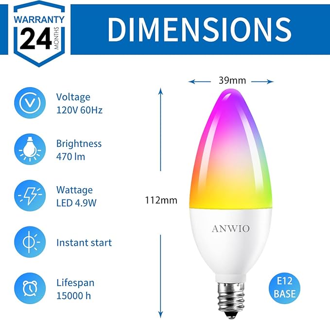 ANWIO Smart Light Bulbs, Smart Candelabra LED Bulb, Smart Chandelier Light Bulbs, 4.9W (40W Equivalent) 470LM, E12 Smart Bulbs, Compatible with Alexa Google, Only 2.4GHz WiFi No Hub Required, 2 Pack