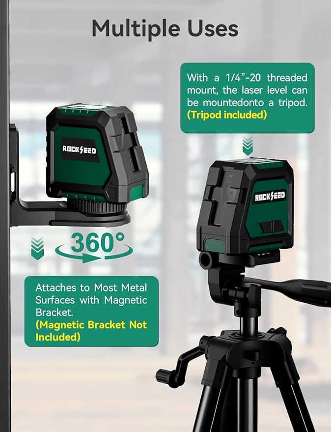 RockSeed Dual Modules Line Laser, Self Leveling Laser Level, Horizontal and 150° Vertical Green Beam, 2 AA Batteries, Carrying Bag, for Home Decoration/DIY/Construction Site
