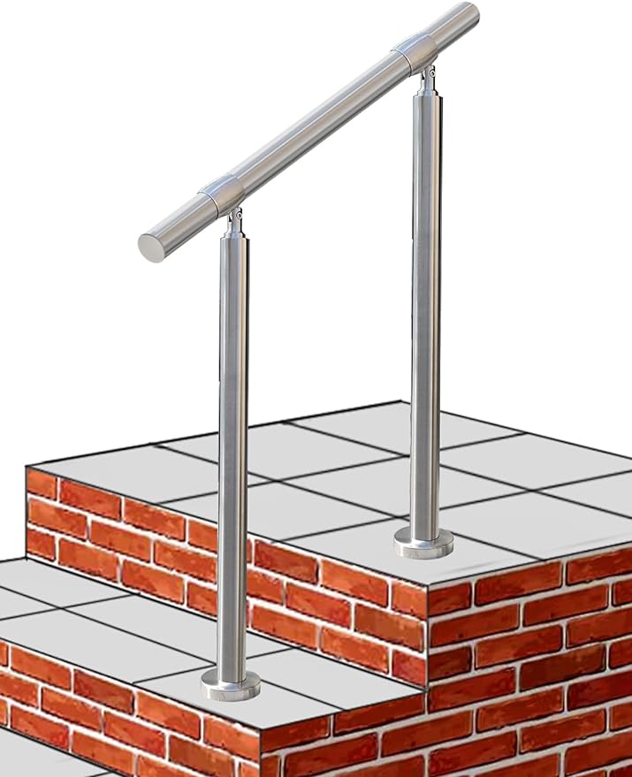 Outdoor 2 Step Handrail, DIY 304 Stainless Steel Transitional Hand Rails with Installation Kit,Silver Porch Stair Railing for Concrete Brick or Wooden Steps, 26x36 in