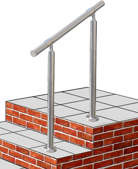Outdoor 2 Step Handrail, DIY 304 Stainless Steel Transitional Hand Rails with Installation Kit,Silver Porch Stair Railing for Concrete Brick or Wooden Steps, 26x36 in