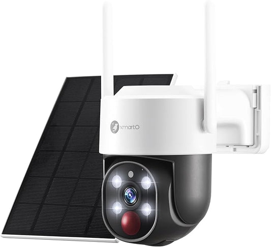 xmartO [Solar/Battery Powered] Wire-Free Home Security Camera Wireless Outdoor/Indoor (Rechargeable Long Battery Life,AI Motion Detection,Spot Light and Siren,Optional Solar Panel)