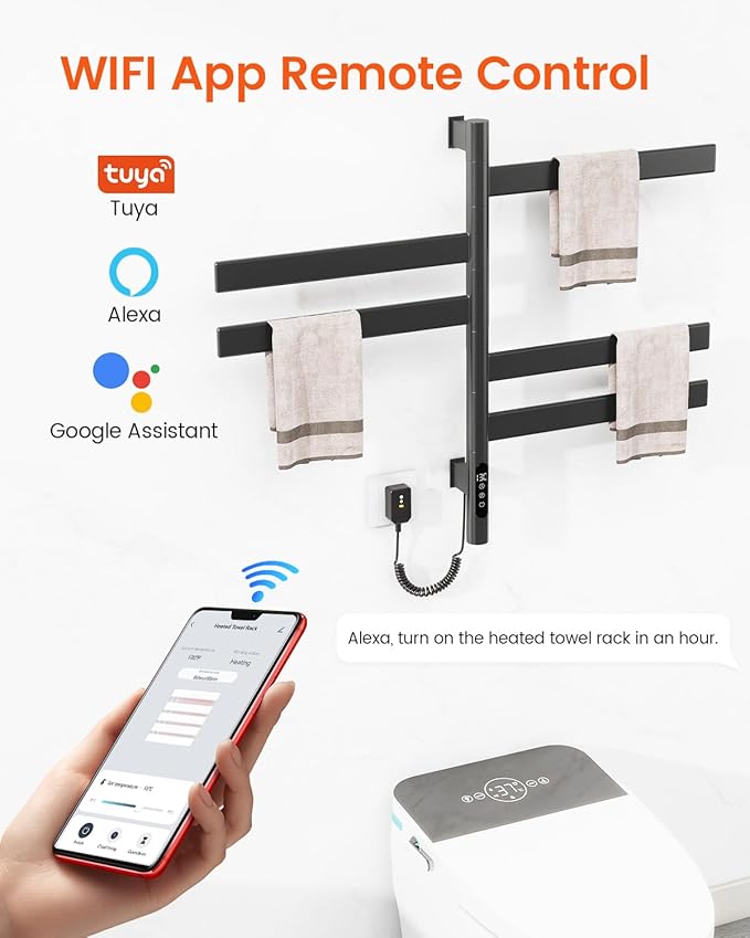 Smart Heated Towel Rack, Black, Stainless Steel, Wall-Mounted, 16.46"L x 16.46"W x 26.57"H, Alexa Compatible, WiFi Remote Control, Touch Panel, 110V, IPX5, Hardwired & Plug-in