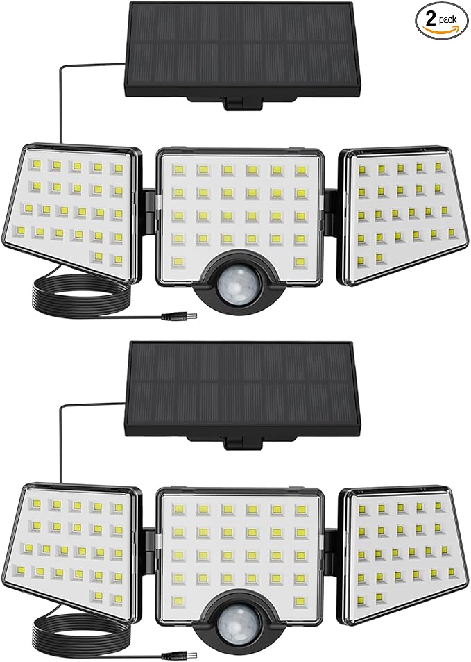 Solar Lights for Outside, WL5000 Motion Activated Security Lights, Separate Solar Panel, 3 Adjustable Head 270° Wide Lighting Angle, IP65 Waterproof Wall Lamp for Porch Yard Garage, 2 Packs