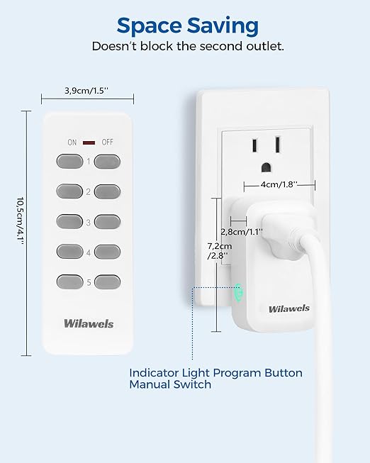 Remote Control Outlet, WILAWELS Wireless Remote Light Switch, Programmable Electrical Outlet Switch for Lamp, Light, Fan, Appliance, 100ft RF Range, FCC Listed, 2 Remotes + 5 Outlets W02RC2506
