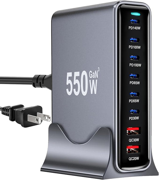 550W USB C Fast Charger Block, PD 3.1 140W USB C Charging Station, GaN Ⅲ Pro 8 Port PD PPS Fast Charging Station for Multiple Devices,Laptop Wall Charger Compatible with MacBook iPad iPhone 17/16 etc