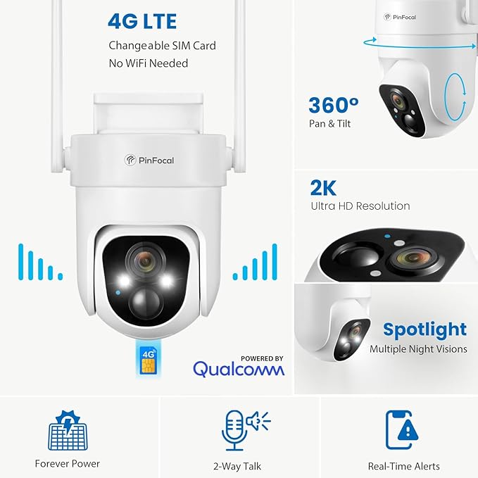 4G LTE Cellular Security Camera Wireless Outdoor, No WiFi Needed, 2K Color Night Vision, 360° View Pan/Tilt, 2 Way Talk, PIR Motion Sensor, Built-in SIM Card (Support Verizon/AT&T/T-Mobile)