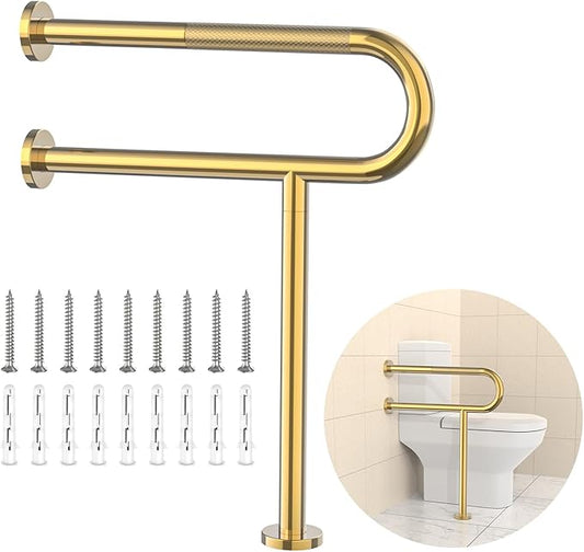 Toilet Grab Bar 23.4 Inch with Leg, YuanDe Wall Mounted Safety Bar, Stainless Steel Anti-Slip Bathroom Support Rail for Elderly, Disabled, Handicap, Seniors, Injury Recovery，Brushed Gold