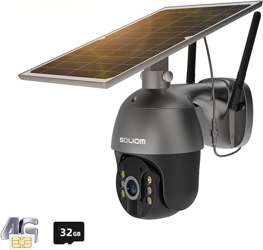 SOLIOM S600 3G/4G LTE Solar Powered Cellular Security Camera Wireless Outdoor, Pan Tilt 360°View Spotlight, 1080p Night Vision, 2 Way Talk, PIR Motion Sensor, No WiFi, US Version, Unlimited Data Plan