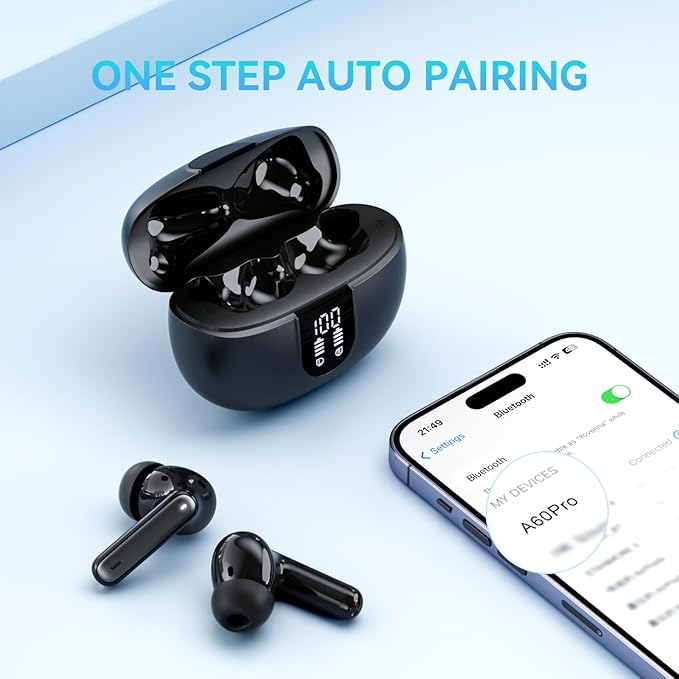 Wireless Earbuds, Bluetooth 5.3 Headphones 40Hrs Playtime Deep Bass Stereo in-Ear Earbud, LED Power Display, Call Noise Canceling Headphones with Mic, IP7 Waterproof Earphones for IOS Android Black