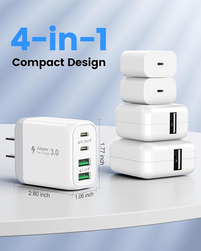 40W USB C Charger Block, 2-Pack 4-Port Fast Charging Block Power Adapter, Dual PD & QC Type-C Multiport Wall Charger for iPhone 16 15 14 13 12 11 Pro Max, Samsung, Tablets