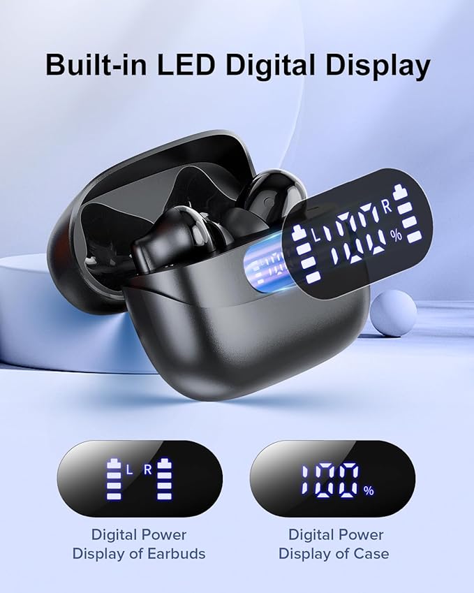 Wireless Earbuds, 42H Playtime Bluetooth 5.3 Headphones, HiFi Stereo Call Noise Cancelling Earbuds, IPX7 Waterproof Stereo in-Ear Earphones with LED Display for iOS Android (Black)