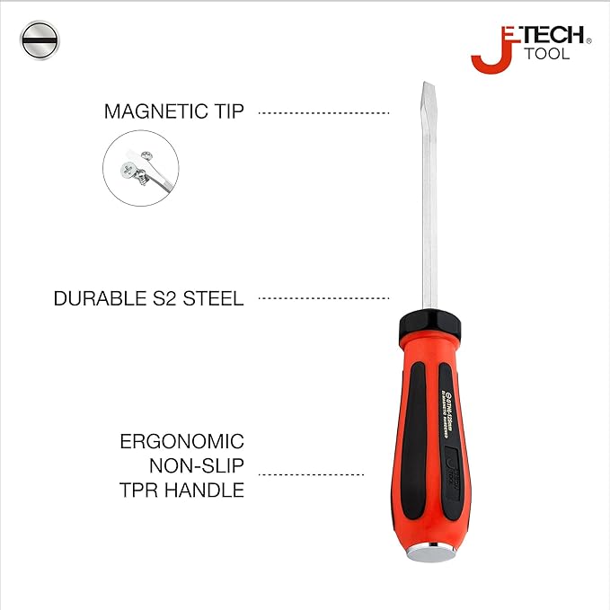 Jetech Striking Cap Go-Through Slotted Screwdriver, S2 Steel Flathead with Magnetic Tip, Ergonomic Soft Grip TPR Handle, 0.24 x 4.92 inches