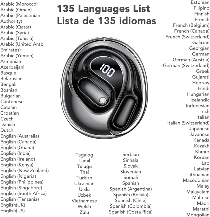 AI Translation Earbuds Real Time MS190, Supports 135 Language Translator Earbuds with APP, Audifonos Traductores Inglés Espanol Open Ear Bluetooth 6.0 Wireless Translating Headphones