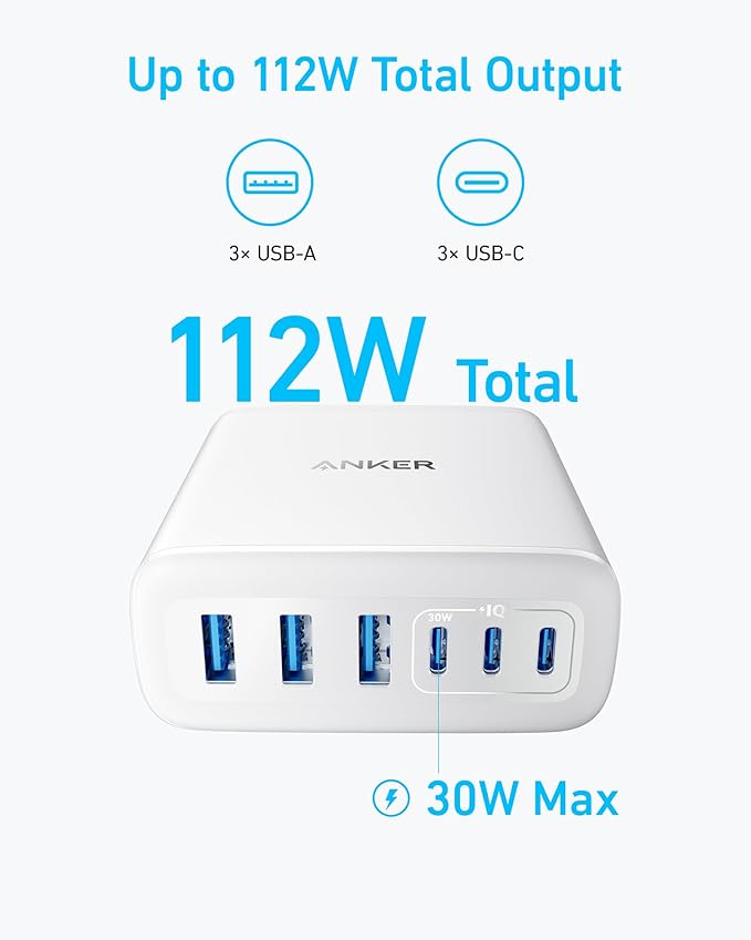 Anker Desktop Charger, Fast Charging USB C Charger, 112W Max 6-Port Charging Station, for iPhone, iPad, MacBook, Samsung and More (Cable Not Included)