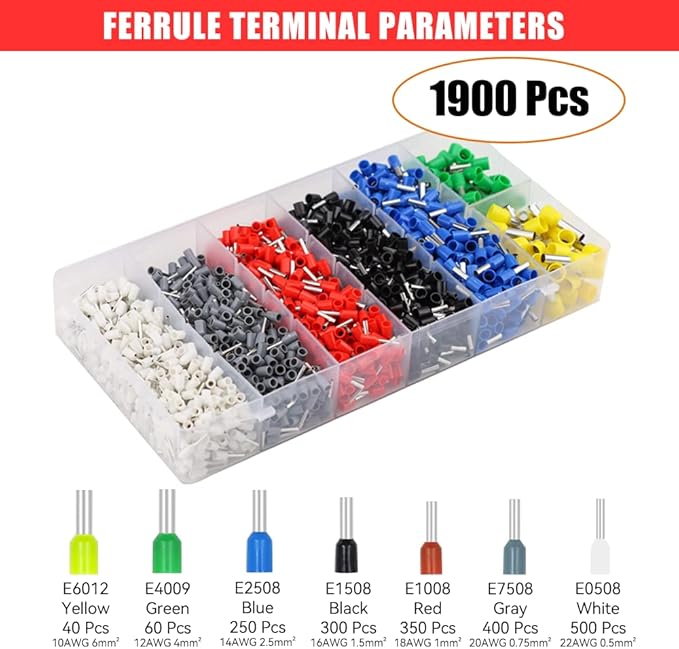HKS Ferrule Crimping Tool Kit - Square Ferrule Crimper Plier (AWG 23-7) with 1900pcs Wire End-Sleeves Terminals Kit