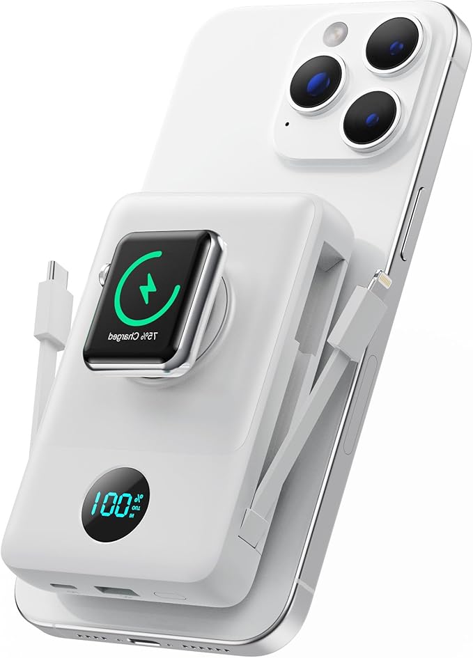 Magnetic Portable Charger for iPhone with Built-in Cables, 6-in-1 10800mAh Power Bank with iWatch Charger & LCD Display,25W Fast Charging Battery Pack for iPhone 16/15/14/13/12,Apple Watch (White)