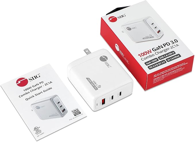 SIIG 100W USB C Charger, 3-Port GaN 3 Pro Fast Wall Charger, 2 USB-C PD 3.0, 1 USB-A QC 3.0 Ports, Compact Foldable Plug, ETL Certified, for MacBook, iPhone, Samsung Galaxy, and More (AC-PW1Z11-S1)