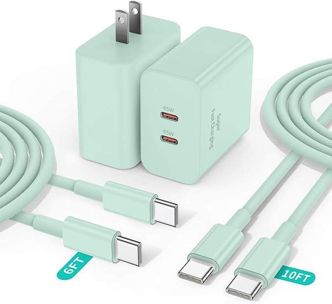 2 Pack 45W Super Fast Charger Type C for Samsung, USB C Android Phone Charger Fast Charging Block with 6FT/10FT Type C Charger Cord for Samsung Galaxy S25/S24/S23/S22+ Ultra/iPhone 17/16/15-Green