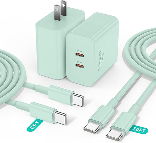 2 Pack 45W Super Fast Charger Type C for Samsung, USB C Android Phone Charger Fast Charging Block with 6FT/10FT Type C Charger Cord for Samsung Galaxy S25/S24/S23/S22+ Ultra/iPhone 17/16/15-Green