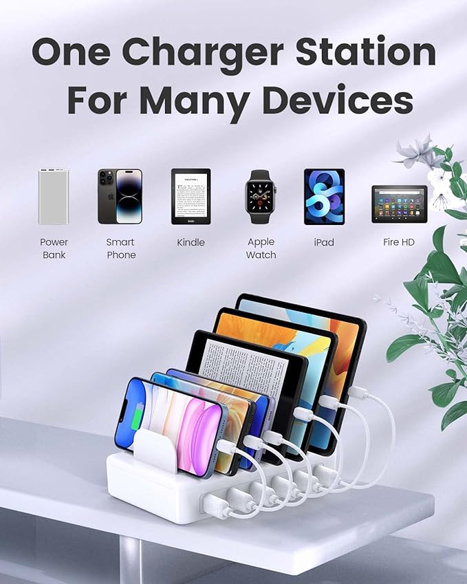 Charging Station for Multiple Devices Apple, CREATIVE DESIGN 50W Multi Charger Station with 6 USB Ports & 6 Cables, Charging Dock for Apple Android Phone iPad Kindle Tablet and Other Electronic