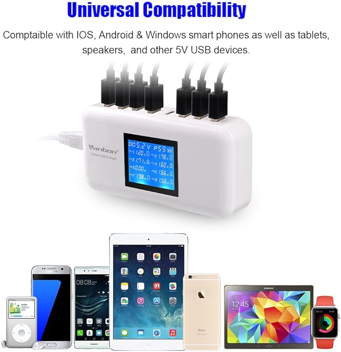 60W/12A 8-Port Desktop Charging Station Multiple USB, Multi Port Travel Fast Wall Charger Hub with LCD for Smart Phones, Tablet and More (White)