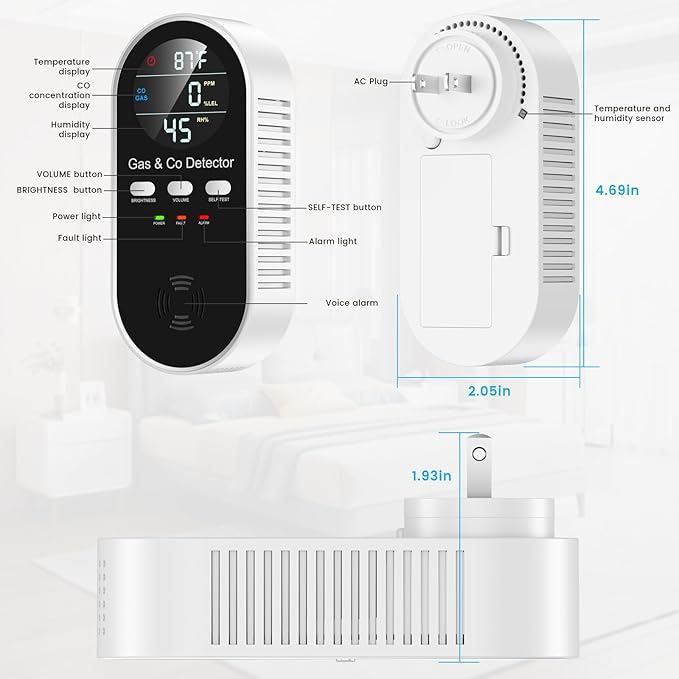 5 in 1 Carbon Monoxide Detectors Plug in with Temperature Humidity Sensor Built in Battery Backup, Natural Gas Leak Detector with Clear LED Display Sound & Light Warning for Home/Hotel,1Pcs, Black.