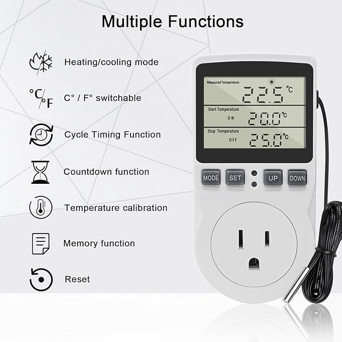 Digital Thermostat Outlet Plug Temperature Controller Outlet Socket 120V Heating Cooling Control 110V 15A Celsius Fahrenheit Display White