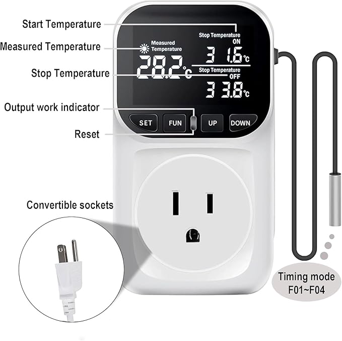 KABASI Digital Temperature Controller, Only Fahrenheit Dispaly Heavy Duty 15A Thermostat Outlet with Sensor, Heating Cooling Control Timer Plug Socket for Greenhouse Refrigerator Terrarium Aquarium