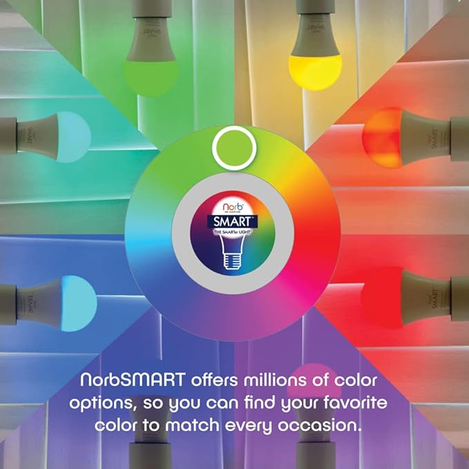 Norb SMART Light Bulb, Tunable Wellness LED, Full Spectrum White & Color Changing, Alexa & Google Home Compatible, No Hub Required, Dimmable, A19, 9W Bulb for Home Automation, WiFi, Bluetooth (4-Pack)