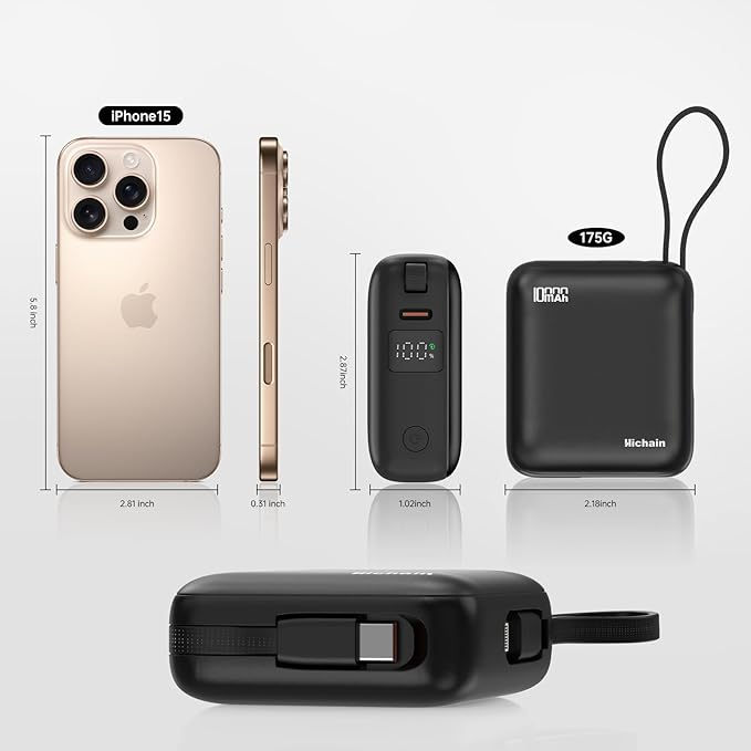 Hichain Small Portable Charger with Built in Cables LED Display, Mini Power Bank 10000mAh 22.5W USB-C Fast Charging Battery Pack, Travel Essential Power Bank for iPhone, iPad, Samsung, Android (Black)