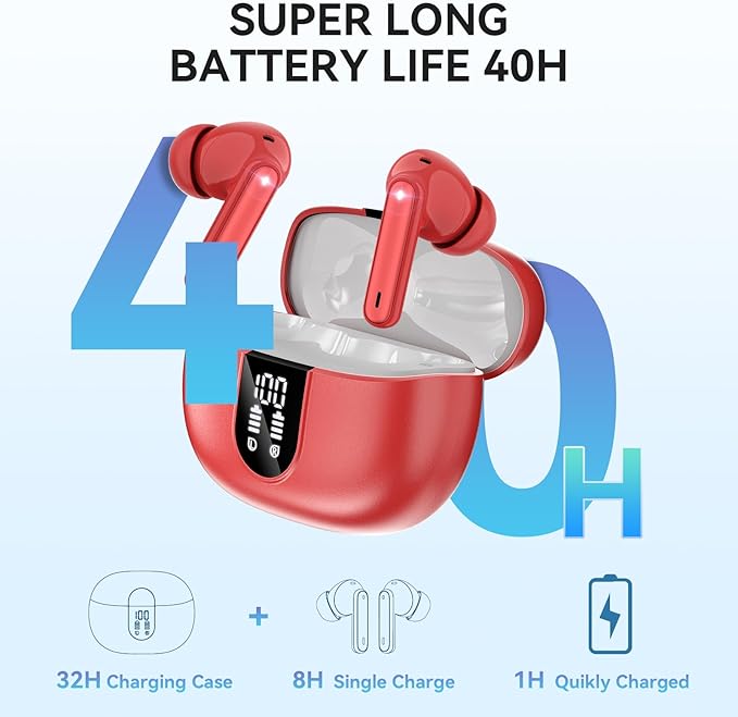 Wireless Earbuds, Bluetooth 5.3 Headphones 40Hrs Playtime Deep Bass Stereo, LED Power Display, Call Noise Canceling Headphones with Mic, IP7 Waterproof Earphones for iOS Android Red