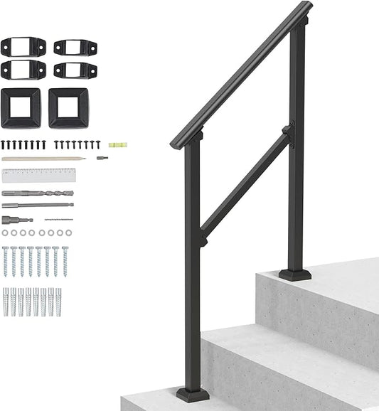 VEVOR Handrails for Outdoor Steps, 2-3 Step Stair Hand Rail Kit, Transitional Carbon Steel Railings with Installation Kit, Stair Rails for Seniors, Concrete Steps & Porch & Deck, Black Square Tube