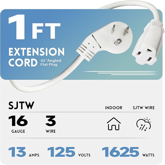 EP 3 Pack 1 Ft Flat Plug Extension Cord, 16 AWG 3 Prong Grounded White Low Profile Extension Cable for Indoor