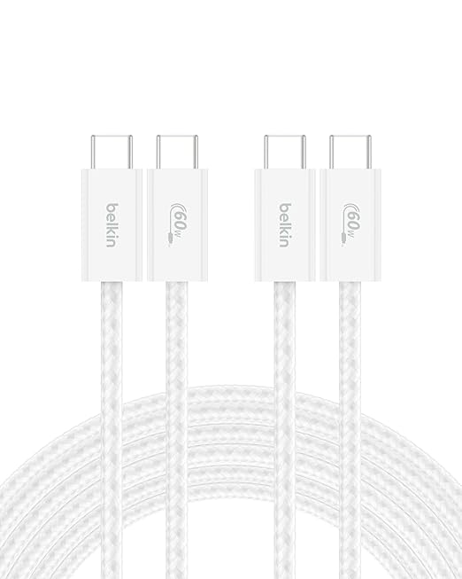 Belkin USB C to USB C Cable 2-Pack, 9.9ft, 60W - Type C Charger, iPhone Charger Cord, Soft, Braided, Flexible for iPhone 16, Galaxy S25, Pixel 9, Airpods, iPad Pro & More, Travel Essentials - White