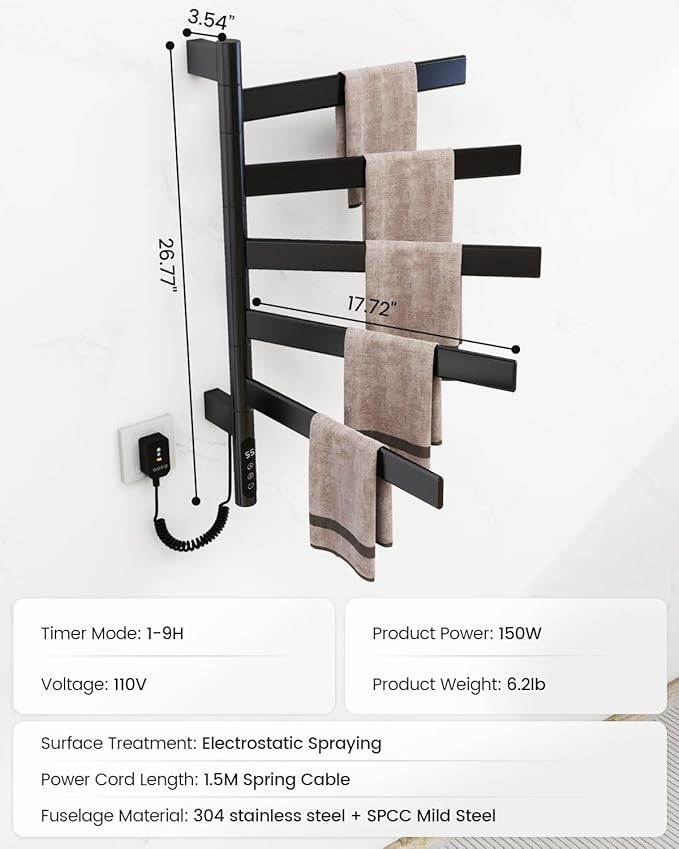 Smart Heated Towel Rack, Black, Stainless Steel, Wall-Mounted, 16.46"L x 16.46"W x 26.57"H, Alexa Compatible, WiFi Remote Control, Touch Panel, 110V, IPX5, Hardwired & Plug-in