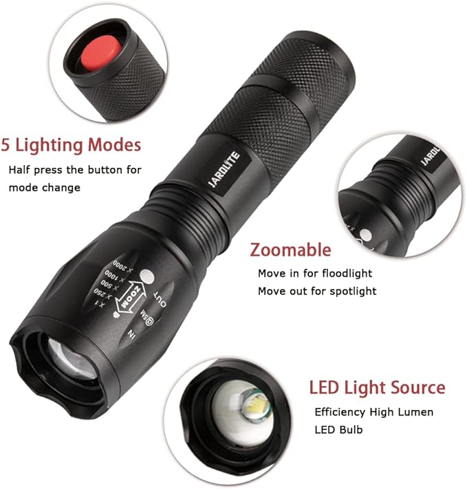 LED Emergency Handheld Flashlight, 4 Pack, Adjustable Focus, Water Resistant with 5 Modes, Best Tactical Torch for Hurricane, Camping, Dog Walking