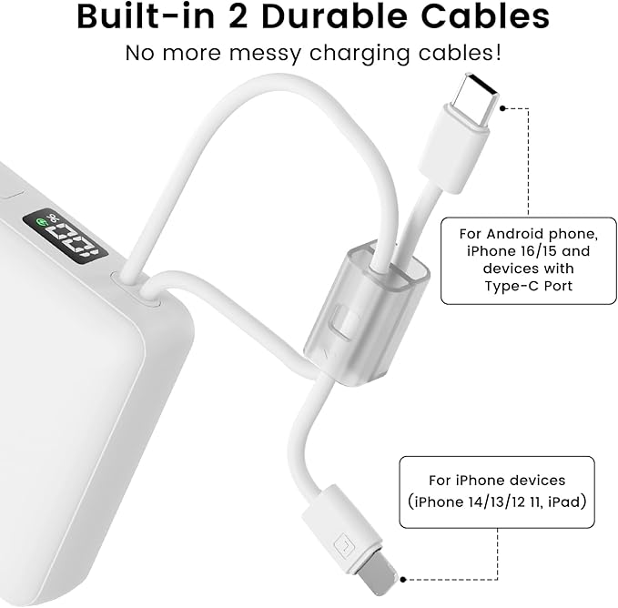 LUCKYDUO Small Portable Charger, Fast charging 22.5W Slim Power Bank 10000mAh with Built-in Cables, LED Display USB-C Mini Battery Pack Travel Essential, Compatible with iPhone, Samsung,Android, White